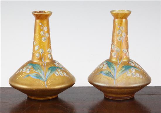 A pair of Bohemian enamelled lustre bottle vases, early 20th century, 14cm